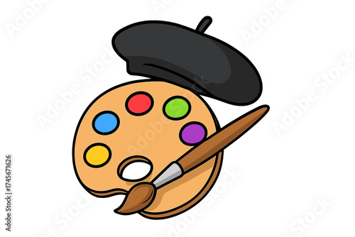Artist palette with brush and black beret. Art school concept. Painter symbol. Creative hobby and profession. Drawing lesson icon. Painting workshop. Art and craft supplies.