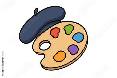 Artist palette with color paints and french beret icon. Painter tools for drawing. Art school logo. Concept for creativity, art studio, hobby and artistic creation. Vector.