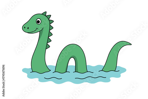 Cute Loch Ness Monster cartoon vector. Funny Nessie, mythical creature from Scotland. Happy sea monster swimming in lake. Prehistoric plesiosaur, cryptozoology legend illustration.
