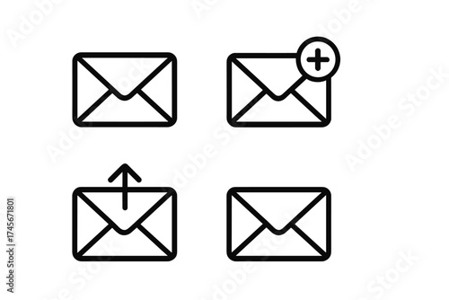 Mail icon set. Trendy line art vector symbols for email, message, sending, and new mail. For web design, app interface, and modern UI UX projects. Isolated on white.