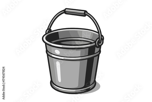 Metal bucket vector illustration. Pail for water, gardening, or cleaning. Household equipment tool icon. Galvanized steel container symbol for farming or construction work.