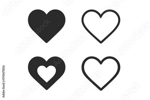 Heart icon set. Love symbol collection for web and app design. Flat vector graphic, like button, favorite sign. UI, UX element. Valentine's Day romance symbol. Linear, outline, glyph.