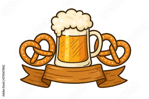 Oktoberfest beer mug and pretzel cartoon vector illustration. German beer festival symbol with empty banner for text. Pub menu or party invitation graphic element isolated.