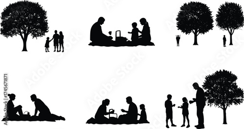 Family silhouettes outdoors, picnic and leisure, parents with children, nature trees, outdoor lifestyle, bonding, relaxation, togetherness, park activities, happy family moments