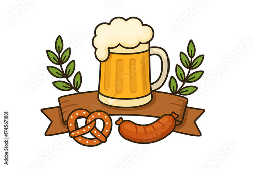 Oktoberfest beer festival icon with mug, pretzel, sausage. German traditional food and drink symbol. Bavaria holiday emblem. Cartoon vector illustration for party invitation banner.