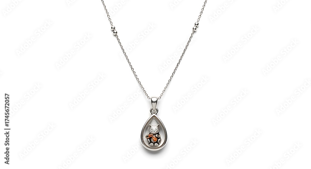 Fototapeta premium Elegant teardrop pendant necklace with sparkling diamonds and amber gemstone isolated on white background