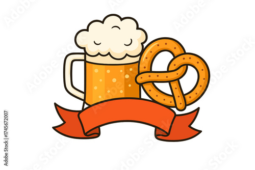 Oktoberfest beer and pretzel vector icon. German festival food and drink symbol. Cartoon mug of lager with foam and traditional snack with ribbon banner for celebration design.