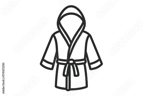 Bathrobe line icon. Hotel spa dressing gown symbol. Relax comfort wear. Morning housecoat pictogram. Boxer hooded robe. Bathroom clothing vector illustration isolated on white.