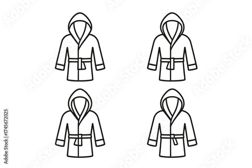 Hooded bathrobe icon set. Simple line art vector of a dressing gown for spa, hotel, or home. Minimalist outline illustration for comfort, wellness, and relaxation concepts.