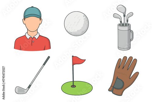 Golf sport icon set. Collection of cartoon vector symbols. Golfer player, golf ball, clubs in bag, green with flag, glove. Professional game equipment for tournament design.