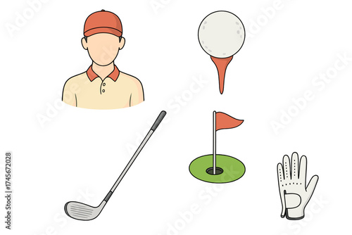 Golf icon set vector illustration. Cartoon collection of sport equipment symbols. Golfer player, club, ball on tee, hole with flag, and glove for game or tournament design.
