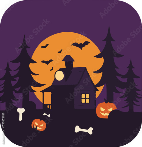 Halloween illustration with haunted house, jack-o'-lanterns, and bats on deep purple background