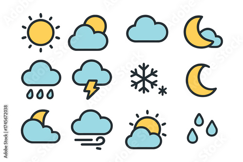 Weather forecast icon set. Meteorology symbols collection. Climate icons for app and web design. Sun, cloud, rain, snow, wind, storm, moon vector pictogram. Line outline sign.