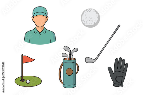 Golf icons set. Golfer player, ball, club, bag, glove, putting green flag. Sport game equipment collection. Cartoon vector illustration for activity, hobby, and leisure design.