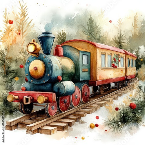 Watercolor Christmas train. Holiday illustration for cards and decorations