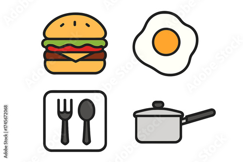 Food icon set vector graphic. Hamburger, fried egg, restaurant symbol with fork and spoon, and a cooking pot. Breakfast, lunch, dinner concept. Kitchen utensil illustration.