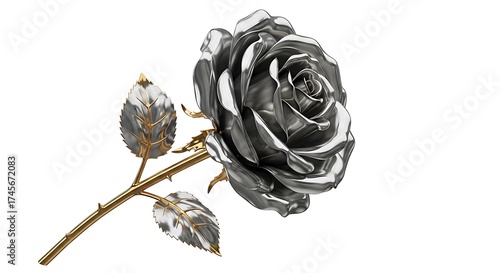 Fototapeta Naklejka Na Ścianę i Meble -  A single dark metallic rose with leaves and stem isolated on white background