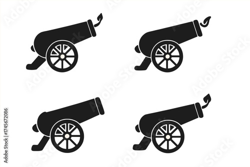 Cannon icon set vector. War artillery concept. Ancient weapon symbol. Military pictogram collection. Historical armament illustration. Black silhouette isolated on white background.