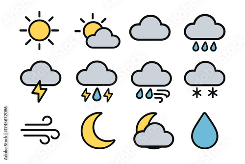 Weather icon set. Filled line style vector graphic collection for forecast app, web, UI design. Includes sun, cloud, rain, storm, snow, wind, moon symbols. Meteorology signs.