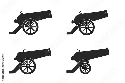 Set of cannon icons. Black silhouette of vintage artillery weapon. Historical military war gun symbol for museum. Antique cannon vector illustration isolated on white background.