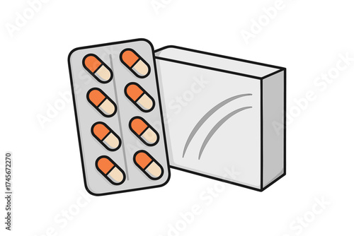 Medicine package with blister pack of pills. Cartoon vector icon. Drug packaging mockup. Medical capsules for treatment. Healthcare, pharmacy concept. Medication symbol.