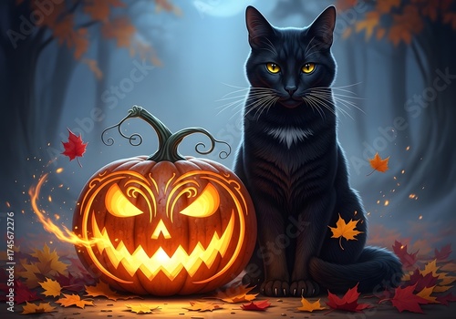 Mysterious Black Cat and Jack-o'-Lantern in Autumn Forest