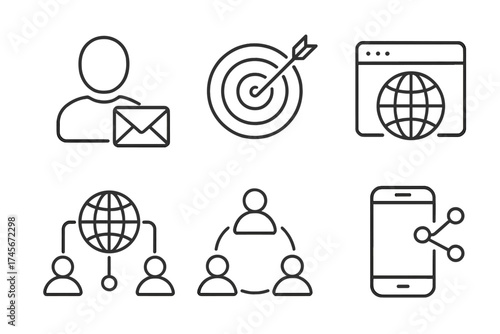 SEO and web development line icons. Vector symbols for digital marketing, contact, target, website, global network, user communication, and mobile sharing strategy concept.