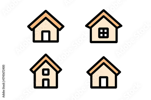 Set of four trendy home icons, house symbols with filled line style for website design, app, UI, isolated on white background, vector illustration of modern buildings and houses