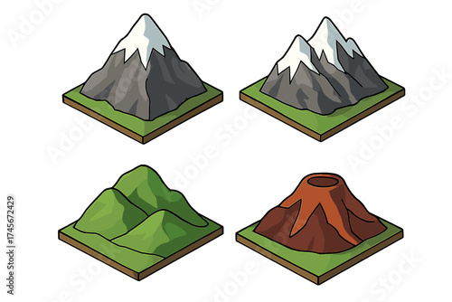 Isometric mountain vector icon set with volcano, snowy peaks, and green hills. Cartoon landscape collection for game assets, web design, or map elements. Natural terrain symbols.