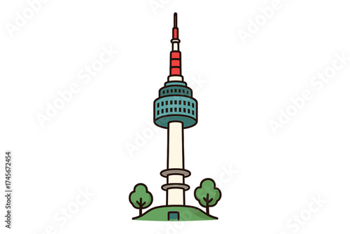 N Seoul Tower in South Korea. Famous landmark on Namsan mountain. Asian tourist attraction. Cartoon vector illustration for travel to Seoul. Korean symbol and culture icon.