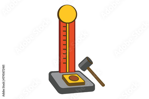 High striker strength test game with hammer. Carnival funfair attraction. Test your strength concept. Amusement park entertainment icon. Power and force meter. Vector illustration.