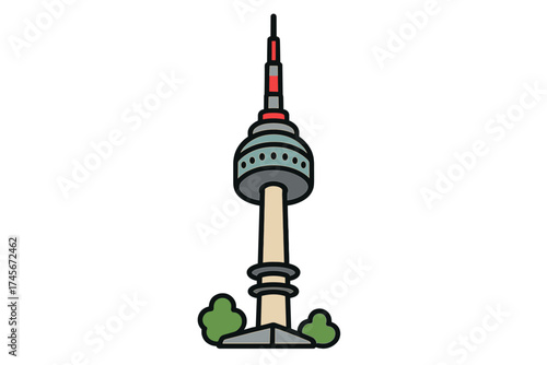 N Seoul Tower on Namsan mountain, famous landmark in Seoul, South Korea. Vector icon illustration for travel to Asia. Korean tourism symbol and sightseeing destination.
