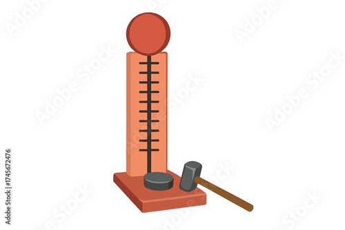 High striker strength tester game with hammer. Cartoon vector icon for amusement park or carnival fair entertainment. Test your power and force. Isolated funfair attraction.