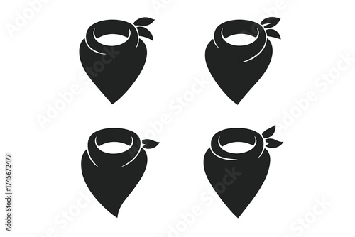 Set of black silhouette bandana or cowboy neckerchief icons. Western scarf or kerchief vector graphic. Bandit, outlaw, or western fashion accessory symbol collection isolated.