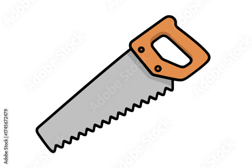 Hand saw tool icon in cartoon style. Carpentry and construction symbol. Woodworking and repair equipment vector illustration. Workshop instrument for cutting wood, isolated on white