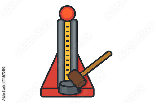 High striker strength tester carnival game. Test your strength with a hammer. Amusement park funfair attraction icon. Vector illustration of a strongman game of force.