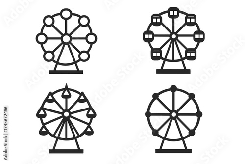 Ferris wheel icon set. Amusement park and carnival funfair symbol collection. Vector entertainment ride graphic. Big wheel silhouette isolated on white background for design.
