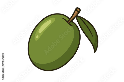 Green olive vector icon in a flat cartoon style. Concept for healthy food, organic product, Mediterranean diet, vegetarian nutrition, extra virgin oil, natural cosmetic.