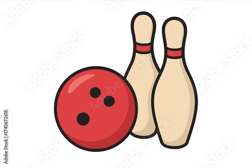 Bowling sport game icon with red ball and pins. Vector illustration for tournament, league, or fun recreational activity. Flat cartoon style graphic for bowling alley branding.