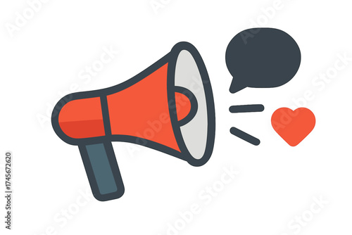 Megaphone icon for social media marketing concept. Communication, announcement, promotion. Flat vector for advertising, PR. Speech bubble for feedback and heart for likes, love.