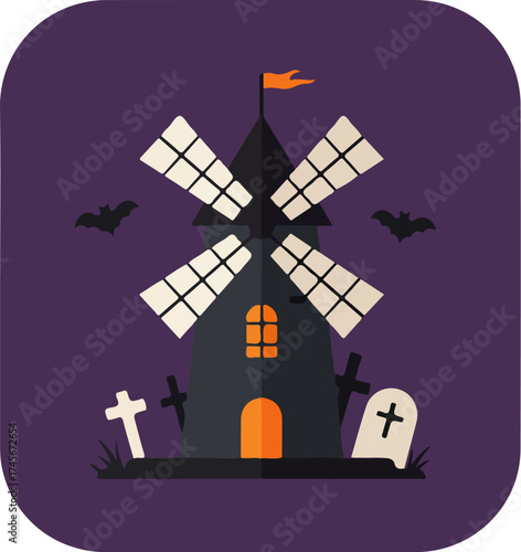 Halloween-themed illustration of a stylized windmill with a cemetery and flying bats