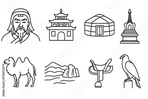 Mongolia travel and culture icon set. Genghis Khan portrait, yurt, monastery, camel, and eagle. Vector line art illustration of Mongolian landmarks, history, and nomad life.