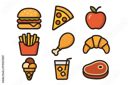 Food and drink flat icon set. Vector collection of fast food, meals, fruit, and desserts. For restaurant menu, web, mobile app. Burger, pizza, fries, chicken, steak, apple.