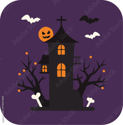 Halloween-themed illustration of a black haunted house with glowing orange windows, leafless trees with jack-o'-lanterns, and flying bats against a deep purple backdrop
