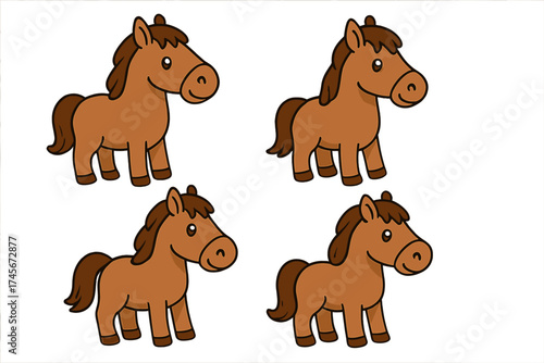 Cute horse pony character in cartoon style. Farm animal mascot icon set isolated on white background. Simple flat vector illustration for kids. Stallion or mare symbol.