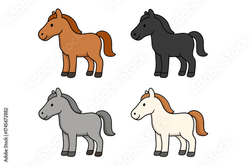 Set of four cute horse icons in cartoon style. Different color pony characters for logo or mascot. Farm animal collection vector. Brown, black, grey and white horse symbol set.