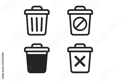 Set of trash bin icons, delete and remove symbols, filled and line style garbage can icons for app, UI, website design, logo, vector illustration isolated on white background