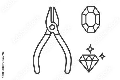 Jewelry tools icon set. Pliers, diamond, gemstone outline symbols. Jeweler, workshop, repair concept. Precious gem, mineral, crystal vector illustration for logo, web design.
