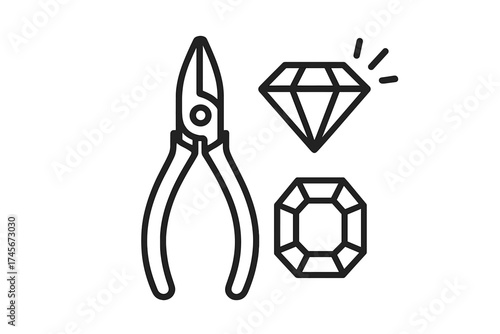 Jewelry pliers with diamond and gemstone line icon set. Jeweler tool for craft, repair, and handmade work. Goldsmith symbol. Precious minerals vector illustration for design.
