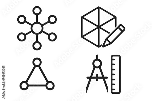 Design & engineering vector icon set. Line art symbols for connection, network, 3d modeling, geometry, architecture. Includes hub, node, cube, pencil, compass, ruler icons.